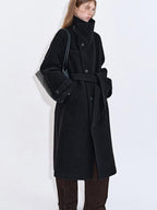 fano Premium Wool Blend Long Notch Collar Relaxed Black Korean Women Wool Coats