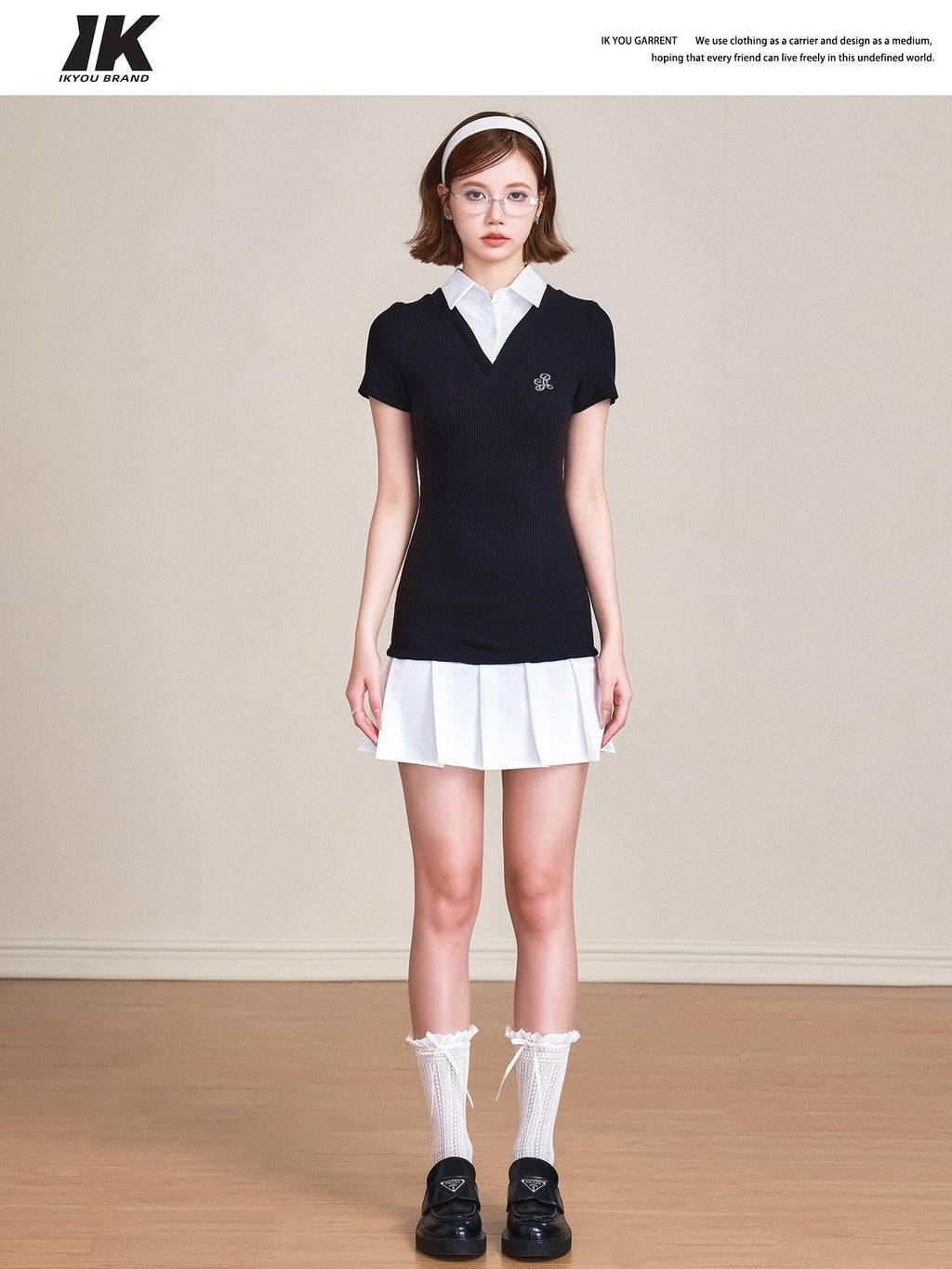 ikyou 100 Percent Cotton Waist Cinch Patchwork Collared Short Sleeve Midi Dresses