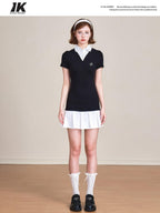 ikyou 100 Percent Cotton Waist Cinch Patchwork Collared Short Sleeve Midi Dresses