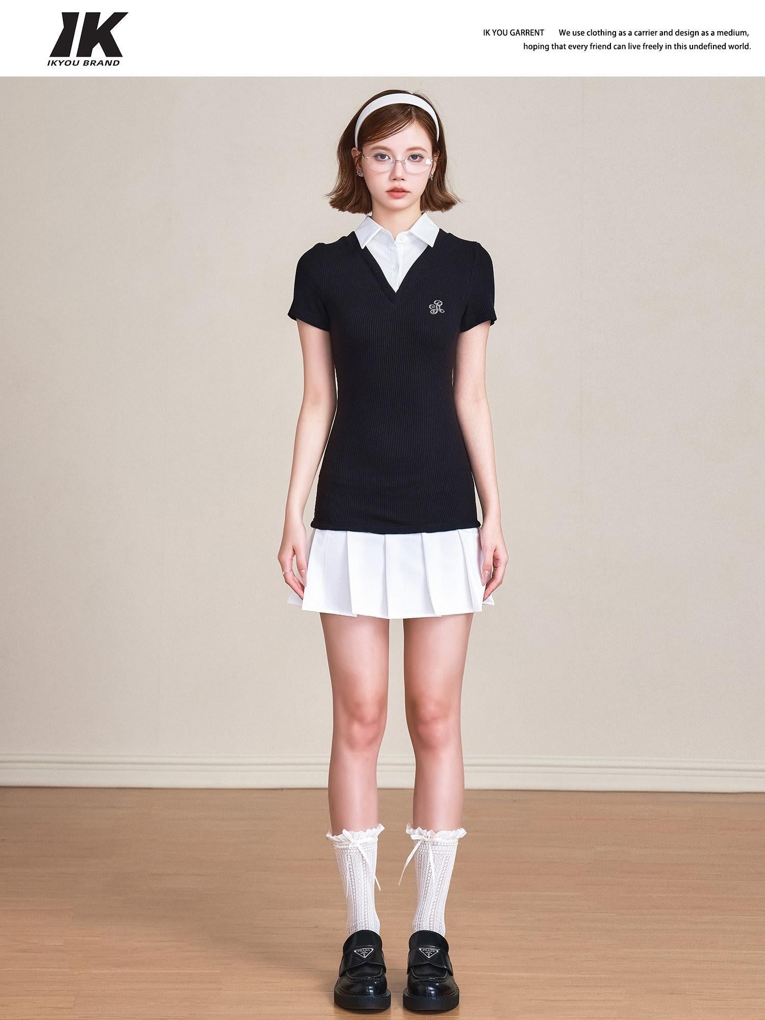 ikyou 100 Percent Cotton Waist Cinch Patchwork Collared Short Sleeve Midi Dresses