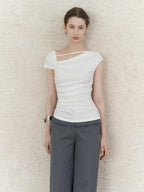 someonesometimes Lightweight Ruched Asymmetric Cropped Slim Fit Pure White Short Sleeve T-Shirts