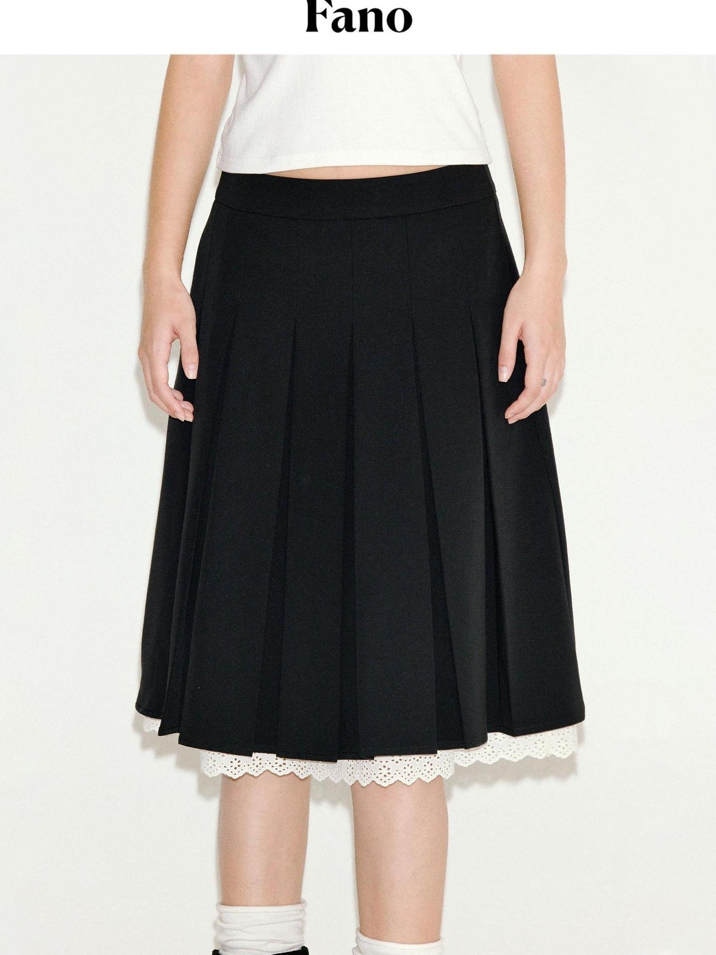 fano Sweet Lace Pleated Mid Waist Paneled Casual Women Black Midi Skirts