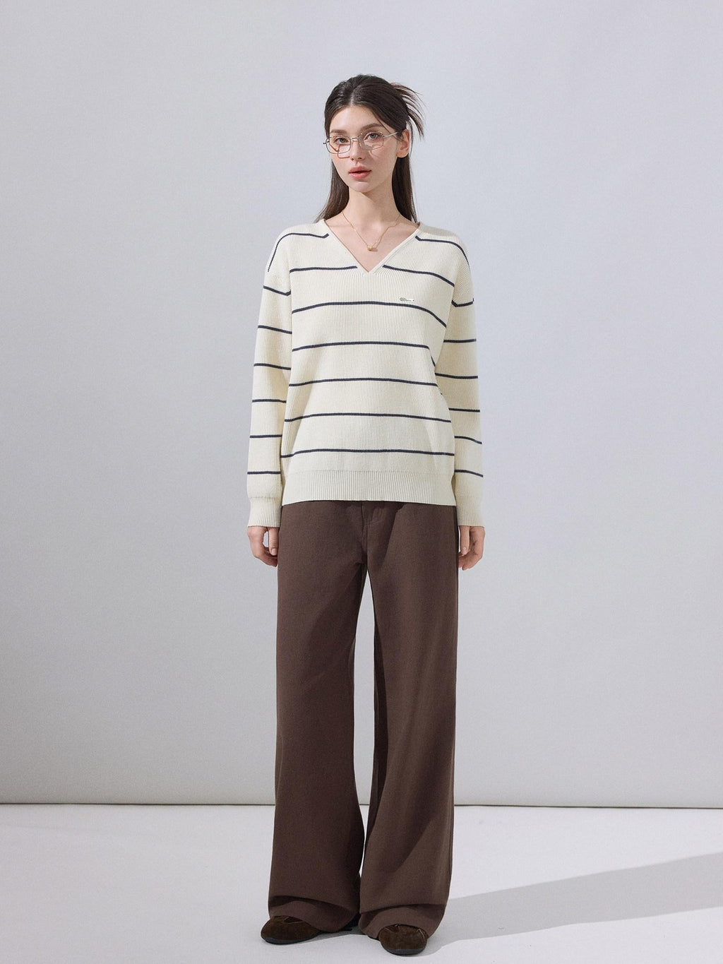 ikyou Soft Relaxed Striped V-neck Casual Women Viscose Blend Long Sleeve Sweaters