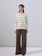 ikyou Soft Relaxed Striped V-neck Casual Women Viscose Blend Long Sleeve Sweaters