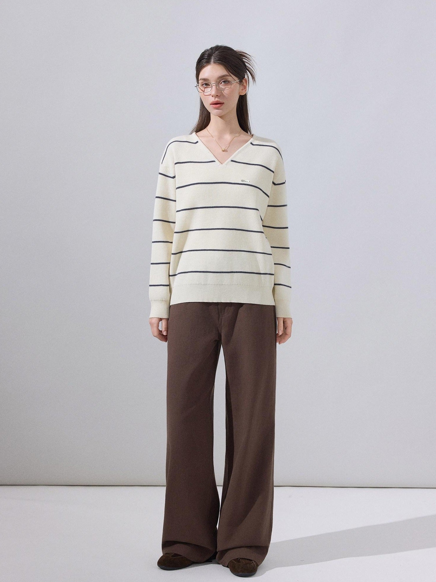ikyou Soft Relaxed Striped V-neck Casual Women Viscose Blend Long Sleeve Sweaters