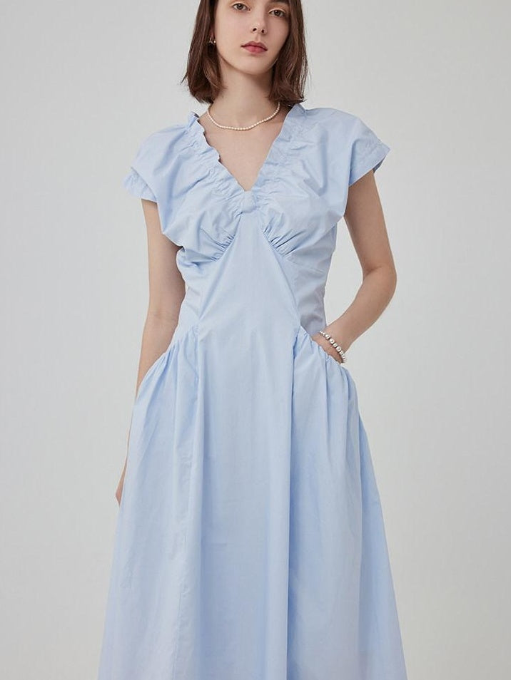 fano Pleated High Waist A Line V-neck Flutter Sleeves 100% Cotton Casual Maxi Dresses