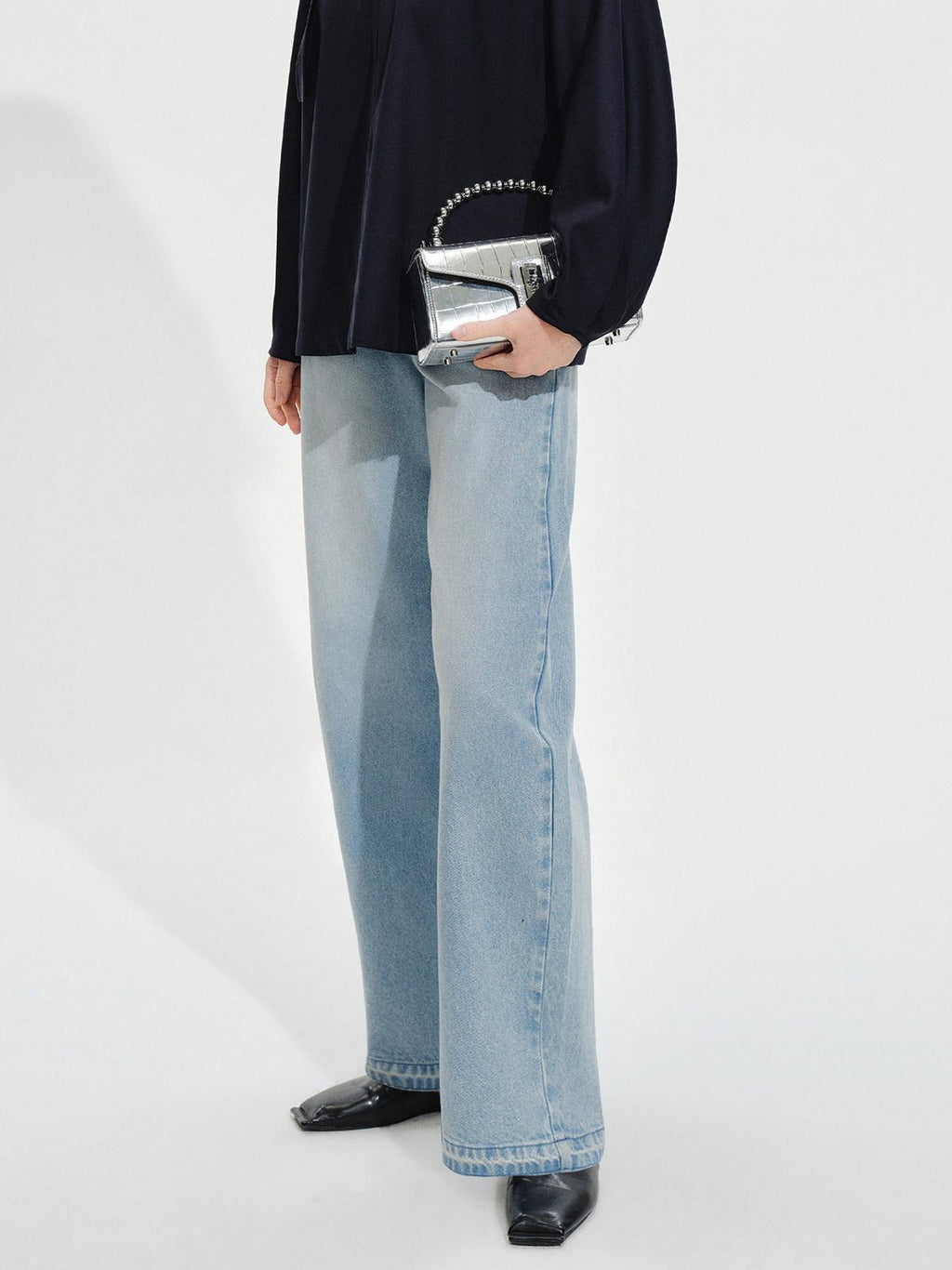audreyyang High Waist Water Washed Light Blue Zipper Fly No Stretch Women Wide Leg Jeans