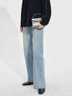 audreyyang High Waist Water Washed Light Blue Zipper Fly No Stretch Women Wide Leg Jeans