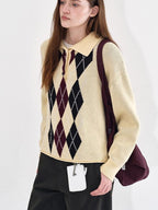 fano Cotton Cashmere Warm Vintage Loose Rolled Edge Pullover Casual Argyle Sweaters