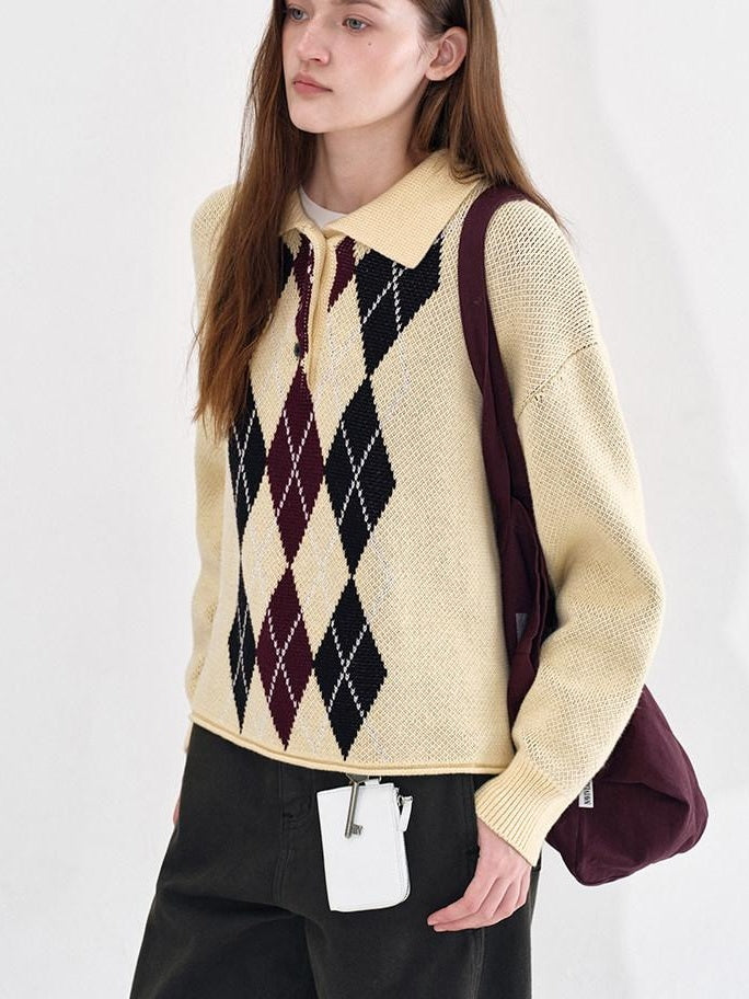 fano Cotton Cashmere Warm Vintage Loose Rolled Edge Pullover Casual Argyle Sweaters