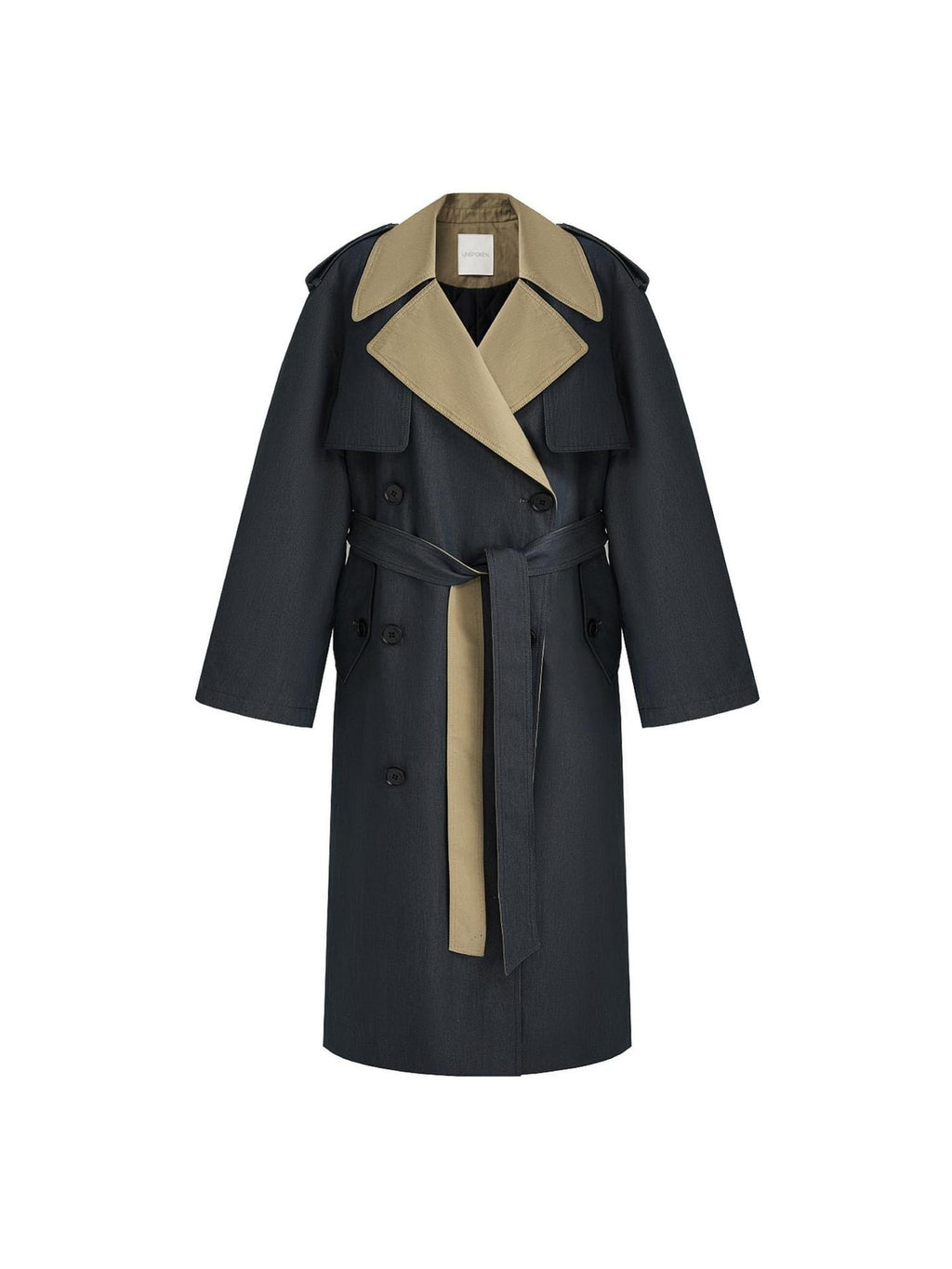 unspoken Navy Cotton Denim Double Breasted Loose Fit Commuter Women Trench Coats