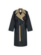 unspoken Navy Cotton Denim Double Breasted Loose Fit Commuter Women Trench Coats