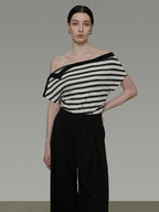 unspoken Soft Cotton Knit Striped Loose Minimalist Women Bardot Off Shoulder Crop Tops