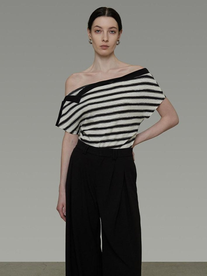 unspoken Soft Cotton Knit Striped Loose Minimalist Women Bardot Off Shoulder Crop Tops