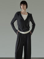 unspoken Soft Viscose Two Piece Hooded Zip Up Loose Minimal Female Deep Gray Lounge Sets