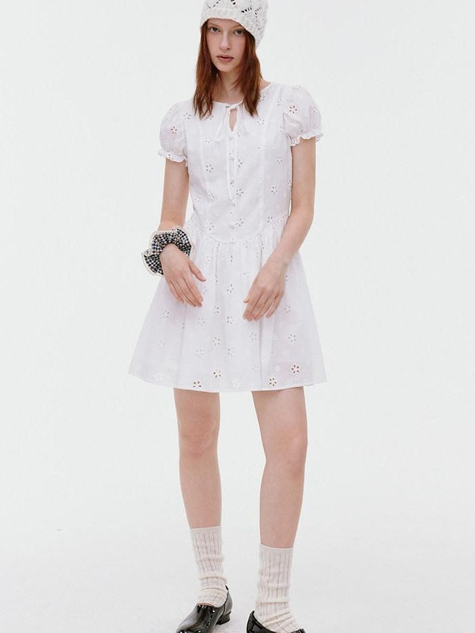 fano Pure Cotton Breathable Korean Workwear A Line Round Neck White Midi Dresses