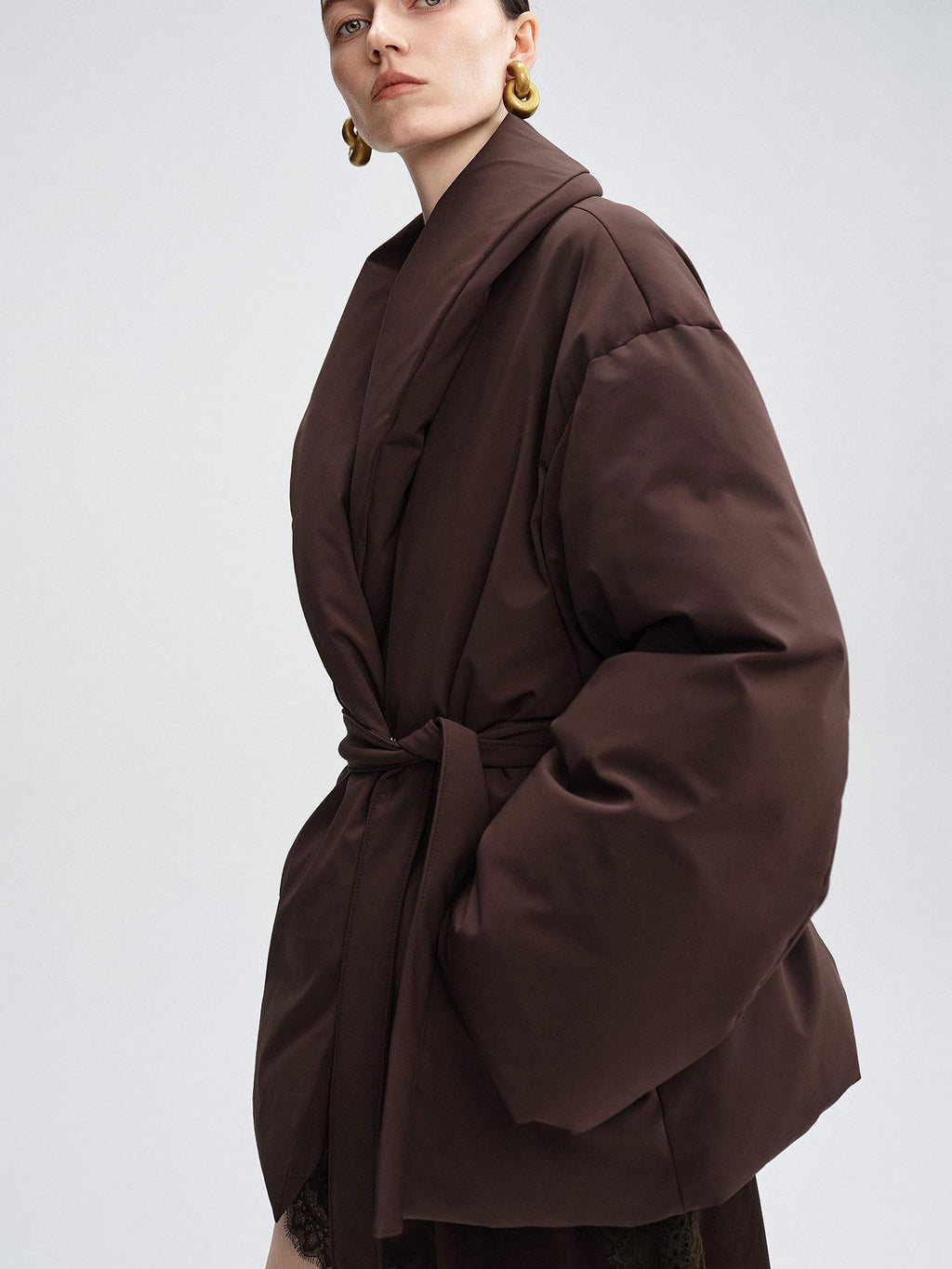 audreyyang Warm 90% Duck Down Loose Casual Stand Collar Women Chocolate Brown Down Jackets