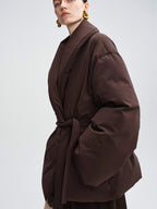 audreyyang Warm 90% Duck Down Loose Casual Stand Collar Women Chocolate Brown Down Jackets