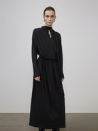 unspoken Minimal Office Pleated Round Neck Elastic Waist Long Sleeve Black Maxi Dresses