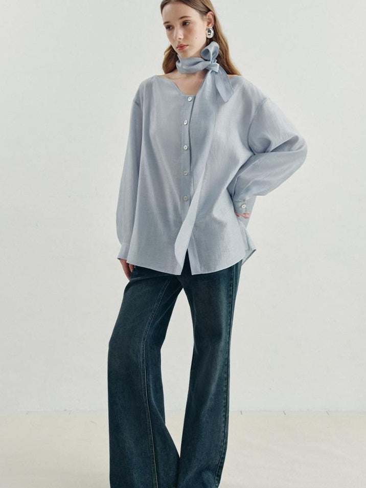 someonesometimes Breathable Lyocell Minimal Commuter Relaxed V-neck Button Tie Women Blouses