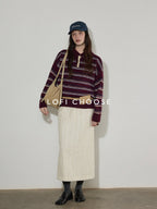 Lofi choose Cozy Colorblock Collared Oversized Striped Button Knit Pullover Women Sweaters