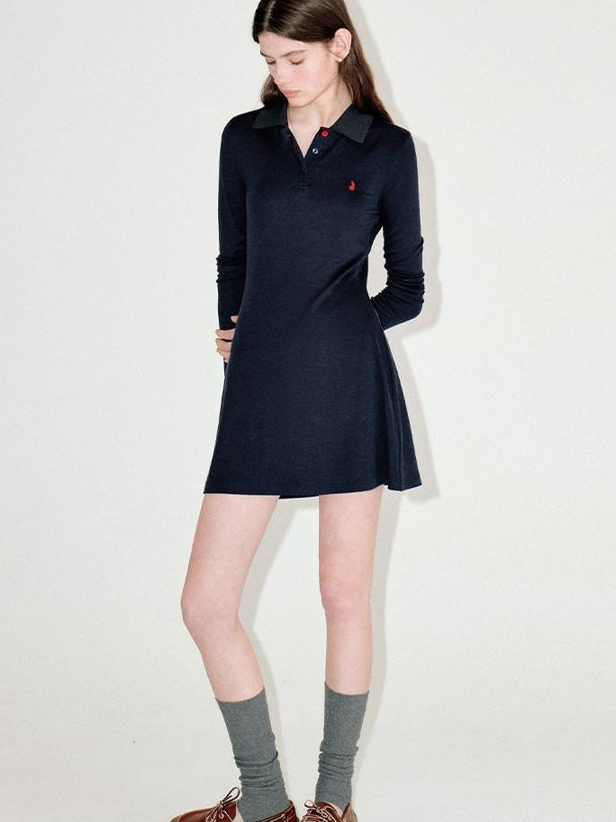 fano Soft Embroidered Tencel Vintage Aline Slim Long Sleeve Navy Midi Dresses