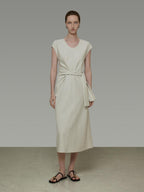 unspoken Cotton Blend Tie Waist Minimalist Commuter Short Sleeve U Neck Maxi Dresses