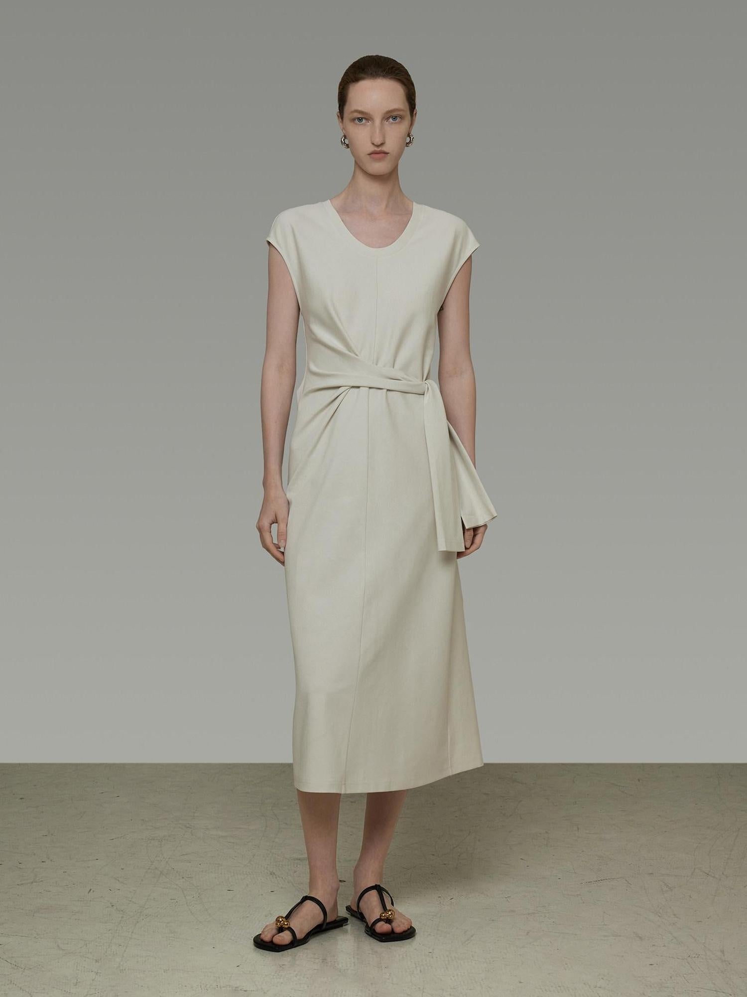 unspoken Cotton Blend Tie Waist Minimalist Commuter Short Sleeve U Neck Maxi Dresses