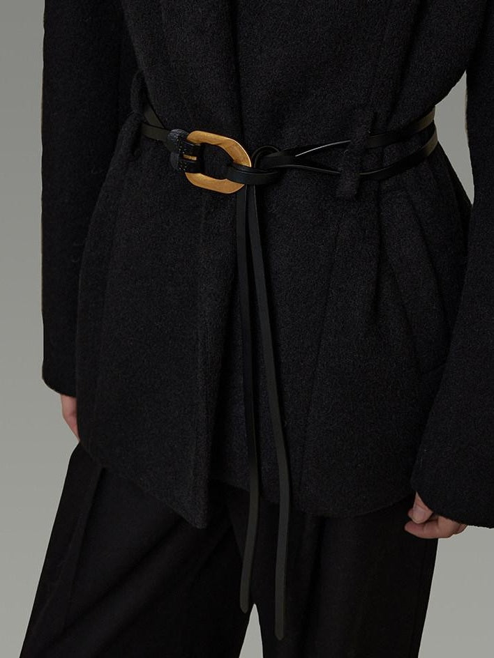 unspoken Fur Collar Thick Mid Length Loose Fit Minimalist Commuter Black Wool Long Coats