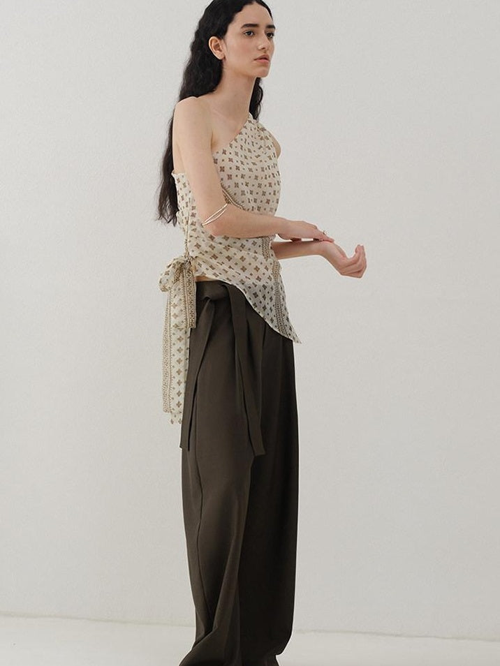 someonesometimes Ruched Asymmetrical Tie One Shoulder Workwear Floral Polyester Beige Tube Tops