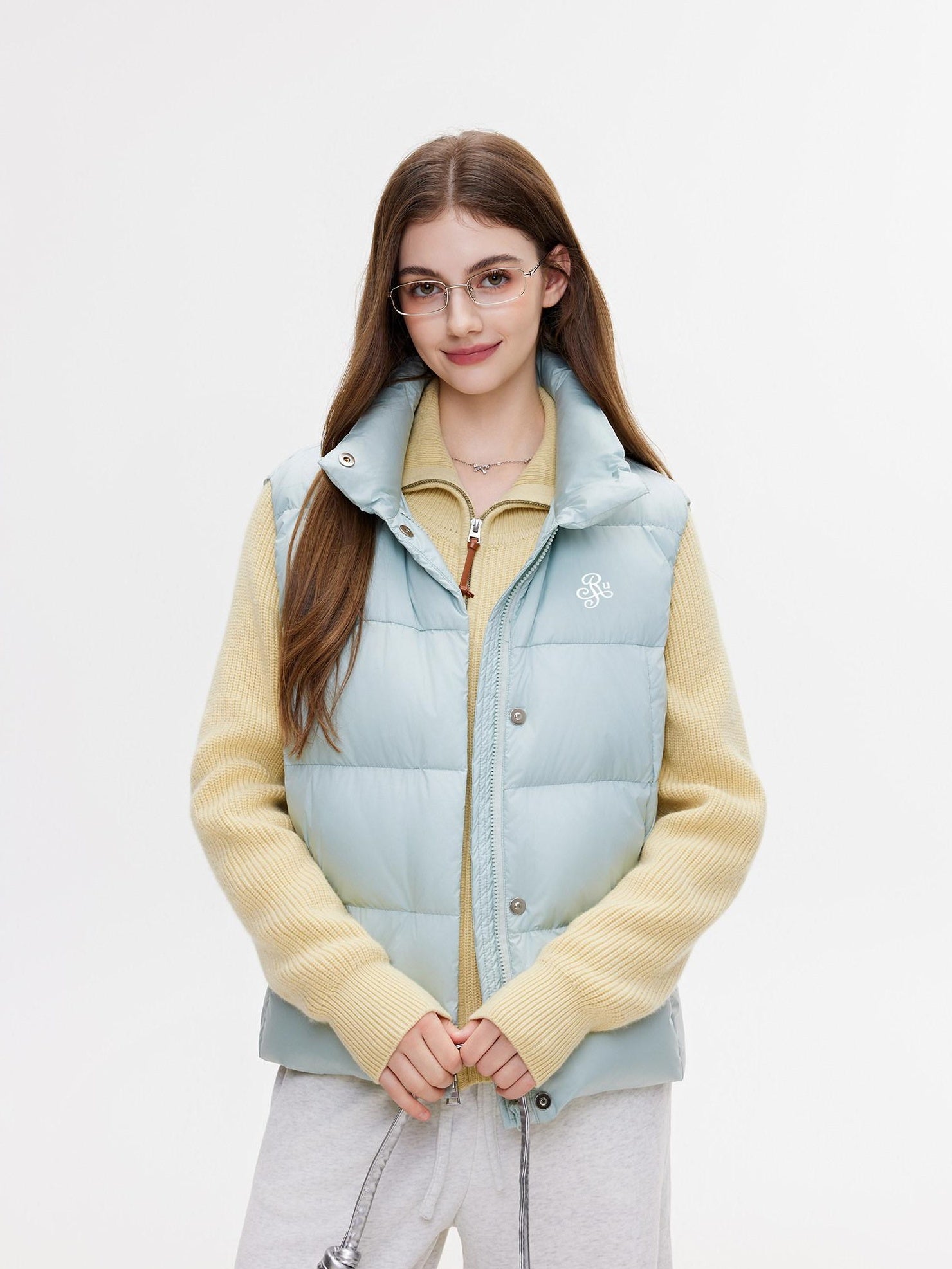 ikyou Warm Thick Sleeveless Stand Collar Straight Commuter Sky Blue Puffer Jackets