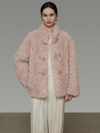 unspoken Warm Thick Stand Collar Loose Fit Rounded Hem Women Pink Solid Short Coat