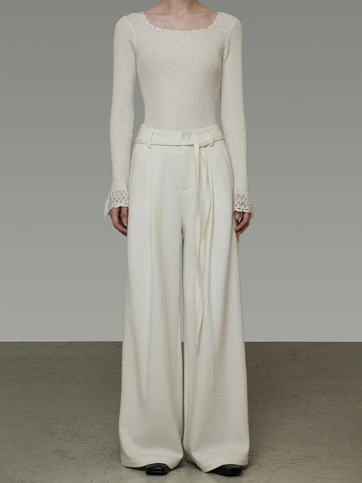 unspoken High Waist Drawstring Minimalist Breathable White Women Wide Leg Pants