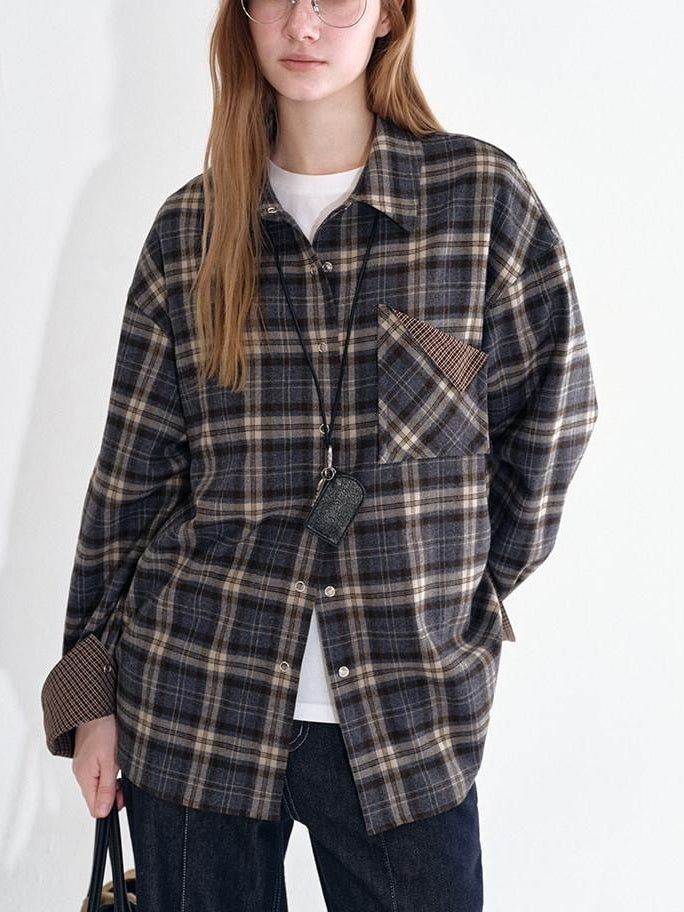 fano Breathable Viscose Oversized Plaid Lapel Button Front Women Everyday Shirts