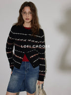 Lofi choose Stretch Animal Print Loose Casual Long Sleeve Crew Neck Women Black Cardigans