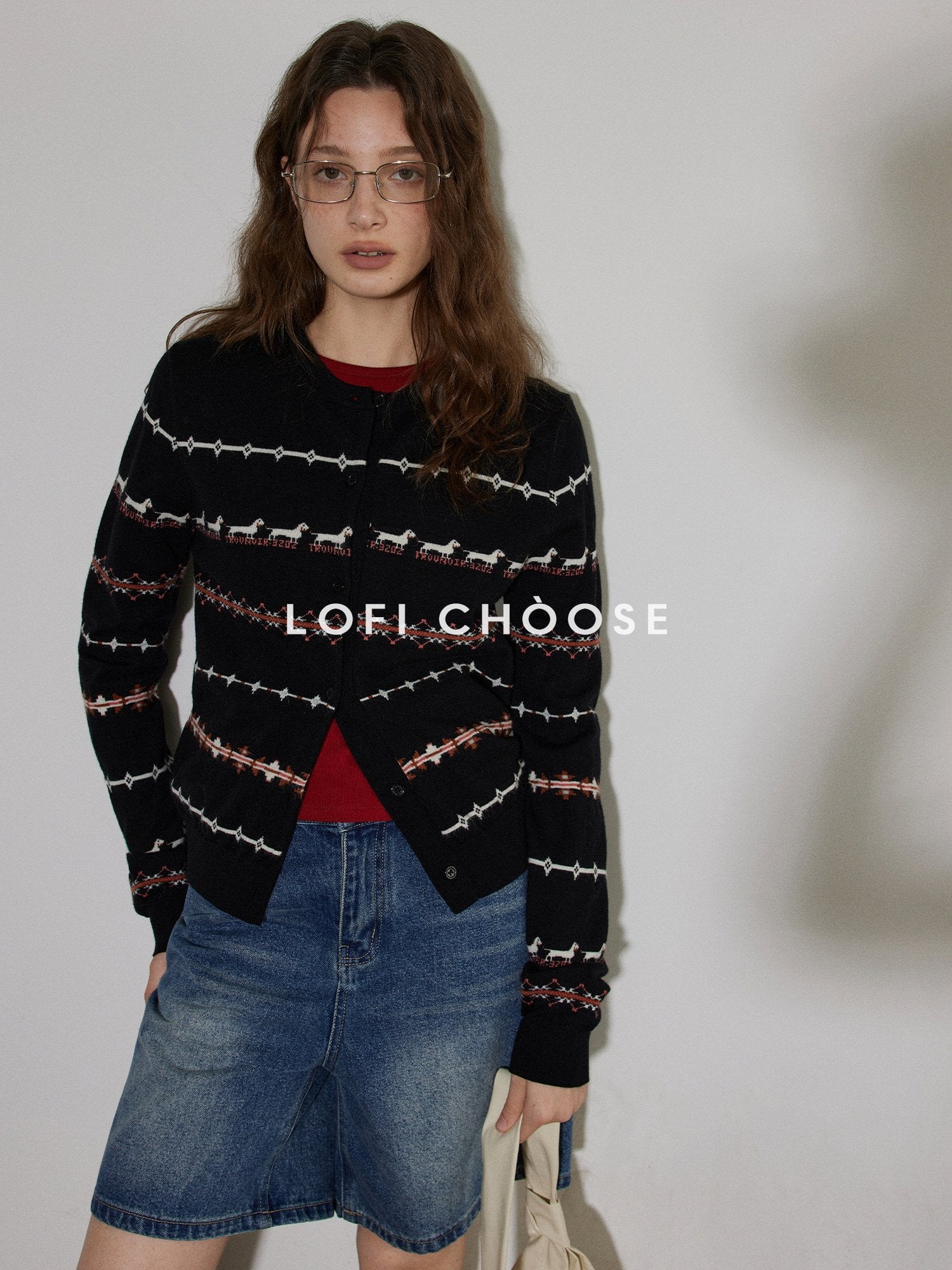 Lofi choose Stretch Animal Print Loose Casual Long Sleeve Crew Neck Women Black Cardigans