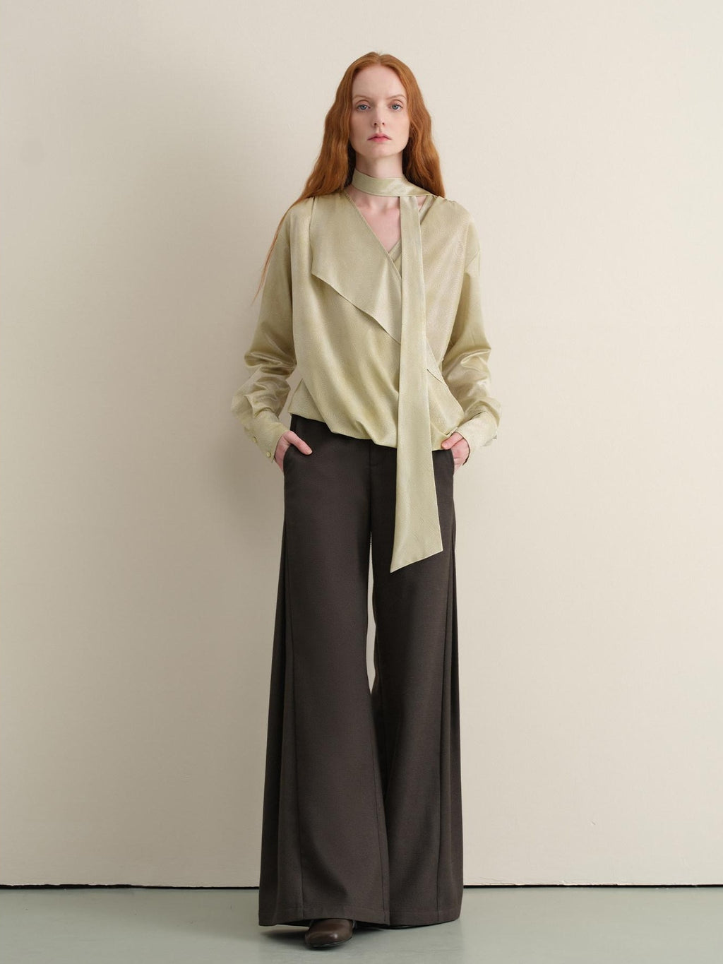 someonesometimes Breathable Casual Loose V-neck Tie Front Bell Sleeve Floral Cantaloupe Blouses