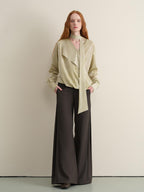 someonesometimes Breathable Casual Loose V-neck Tie Front Bell Sleeve Floral Cantaloupe Blouses
