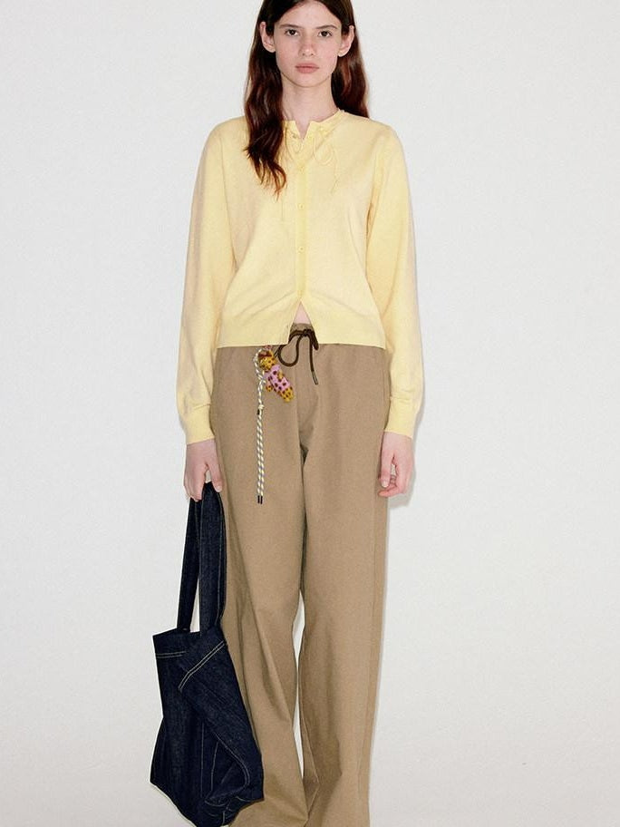 fano Cotton Elastic Waist Pocket Korean Workwear Women Khaki Straight Pants