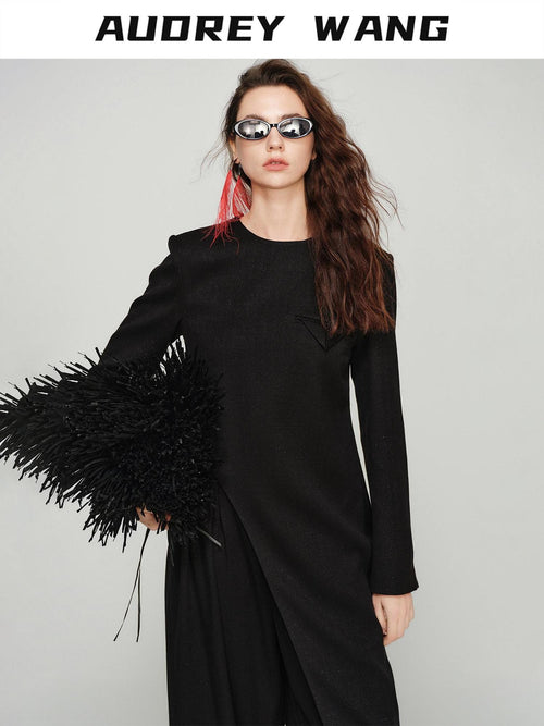 audreyyang Elegant Slim Waist Poly Blend Round Neck Midlength Pullover Black Long Coats