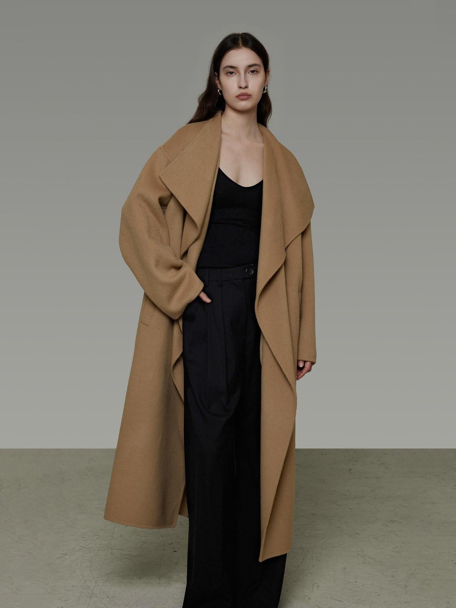 unspoken Thick 100 Percent Sheep Wool Long Loose Lapel Minimalist Sand Brown Wool Coats