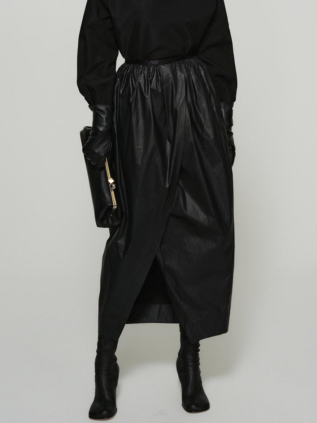 audreyyang Shape Retaining Cotton Pleated Bubble Midrise Elastic Front Slit Midi Skirts
