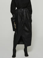 audreyyang Shape Retaining Cotton Pleated Bubble Midrise Elastic Front Slit Midi Skirts