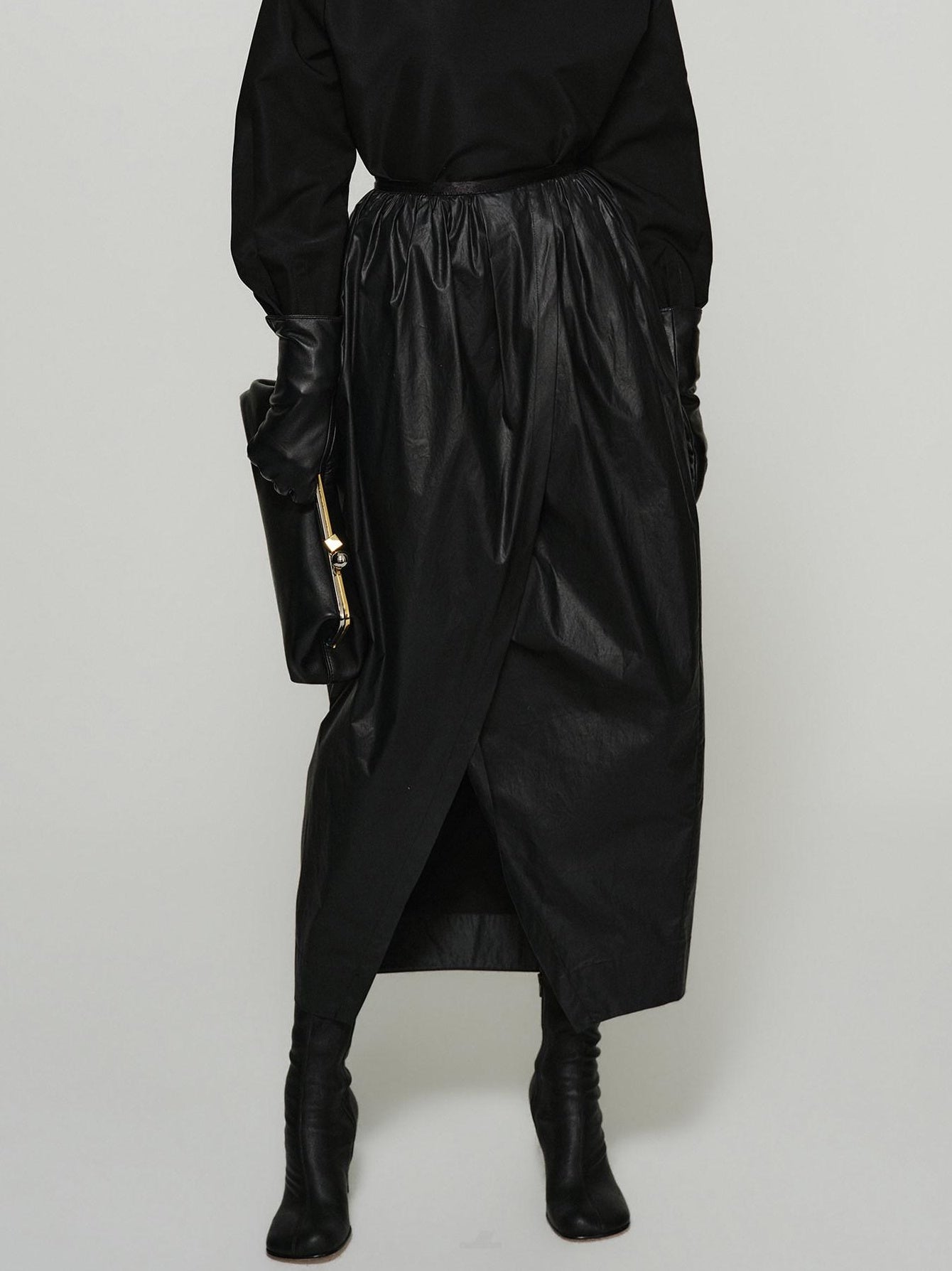 audreyyang Shape Retaining Cotton Pleated Bubble Midrise Elastic Front Slit Midi Skirts