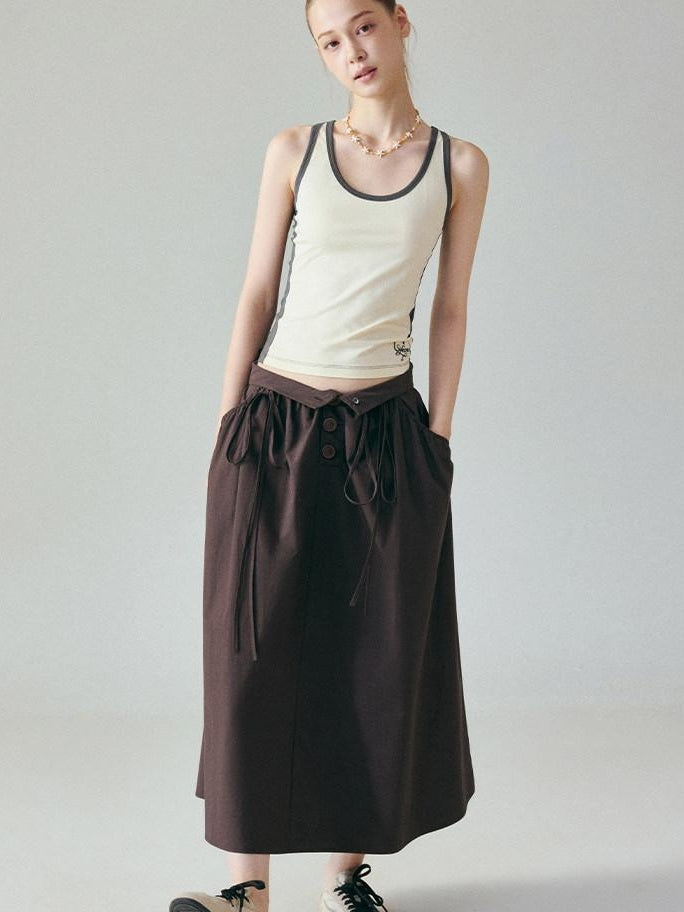 fano Soft 100 Percent Cotton Aline Mid Waist Flowy Korean Plain Brown Maxi Skirts