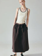 fano Soft 100 Percent Cotton Aline Mid Waist Flowy Korean Plain Brown Maxi Skirts