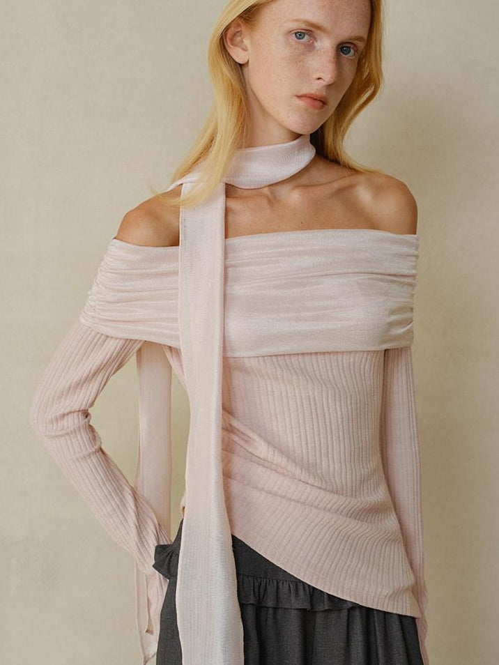 someonesometimes Cotton Blend Slim Fit Patchwork Knit Women Peach Pink Long Sleeve T-Shirts
