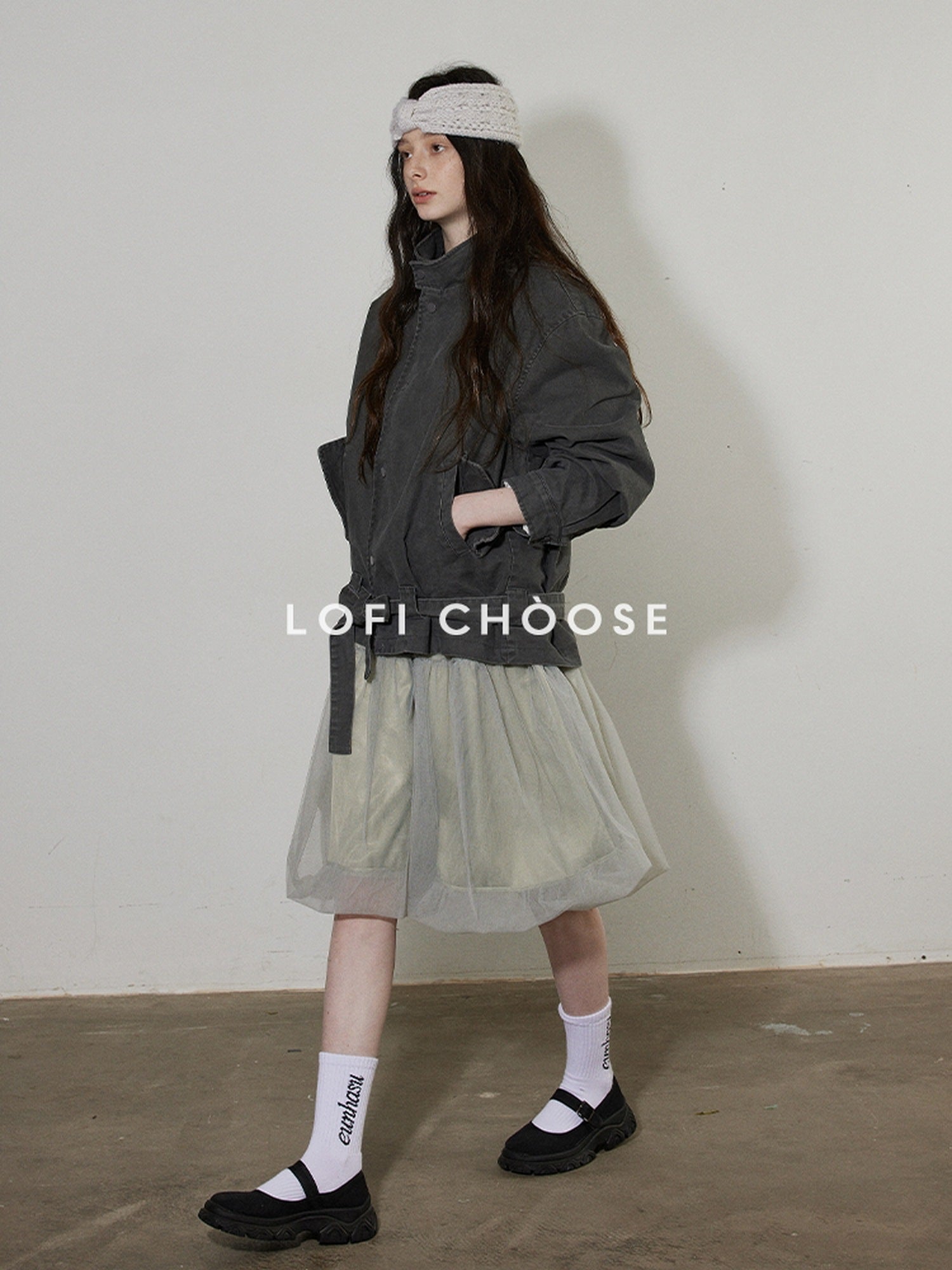 Lofi choose Breathable Drawstring Oversized Commuter Women Button Mud Gray Denim Jackets