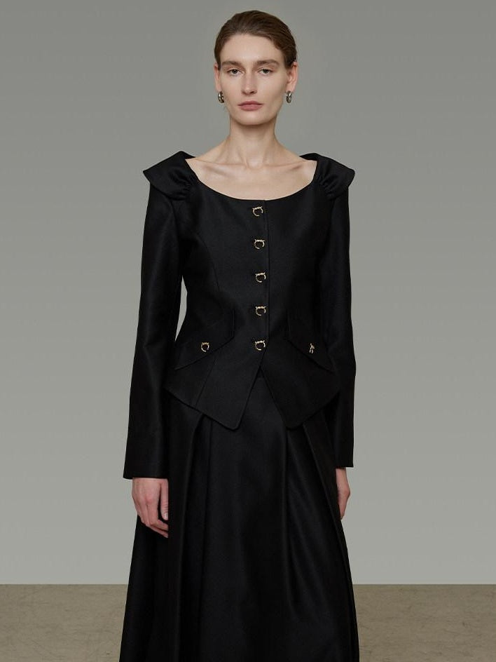 unspoken Slim Long Sleeve Square Neck Button Crop Top High Waist Black Top & Skirt Sets