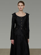 unspoken Slim Long Sleeve Square Neck Button Crop Top High Waist Black Top & Skirt Sets